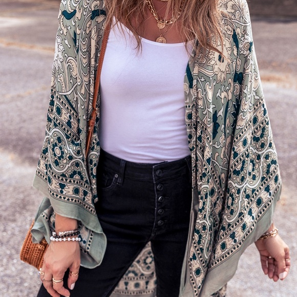 Green Vintage Floral Print Long Split Open Front Kimono - Picture 6 of 7